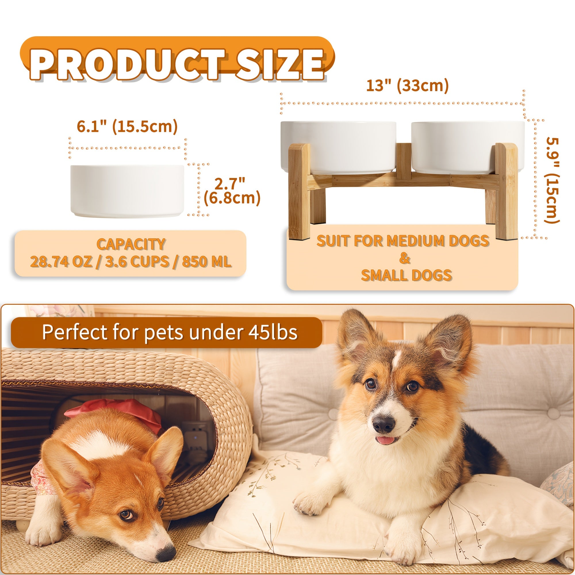 Elevated Ceramic Dog Bowl Set - Raised Feeding Bowls with Non-Slip Bamboo Stand - Double Dog Feeding Bowls