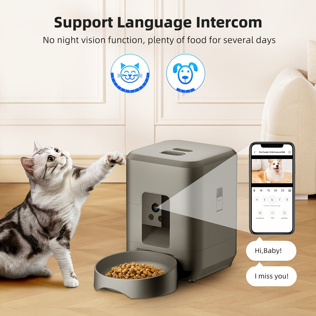 Smart Pet Feeder with a Camera, Featuring an App-Controlled Feeding System for Pets, Remote Operation