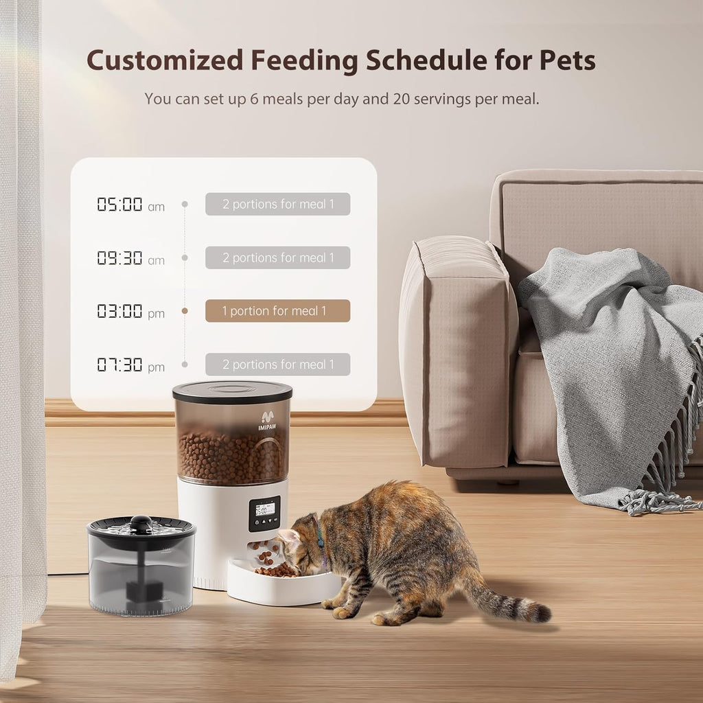 Automatic Cat Feeder and Water Fountain, Timed Pet Dry Food Dispenser, Programmable Portion Control