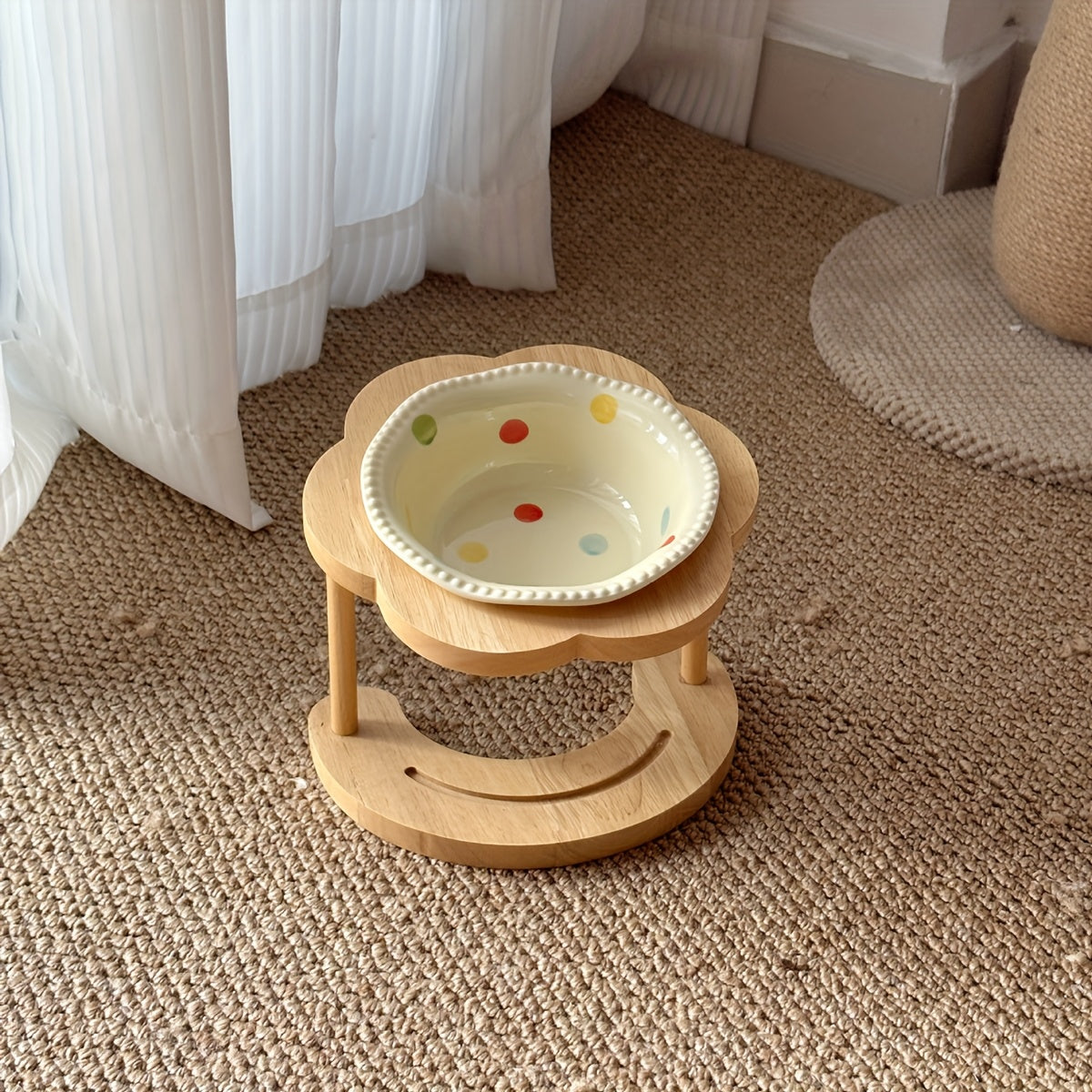 Pastel Ceramic Pet Bowl with Wooden Stand, Floral Elevated Cat  Dog Dish