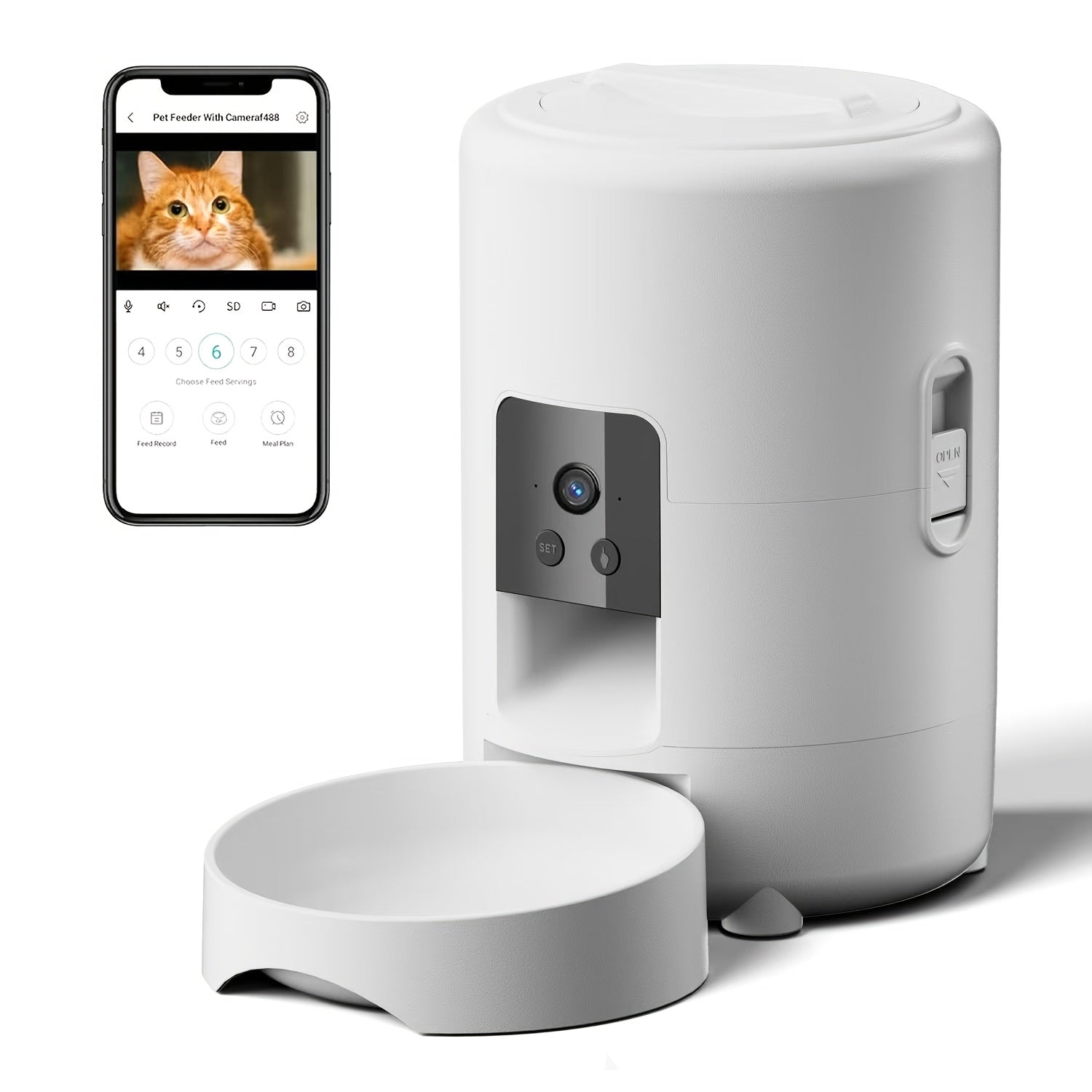 Smart Pet Feeder with a Camera, Featuring an App-Controlled Feeding System for Pets, Remote Operation
