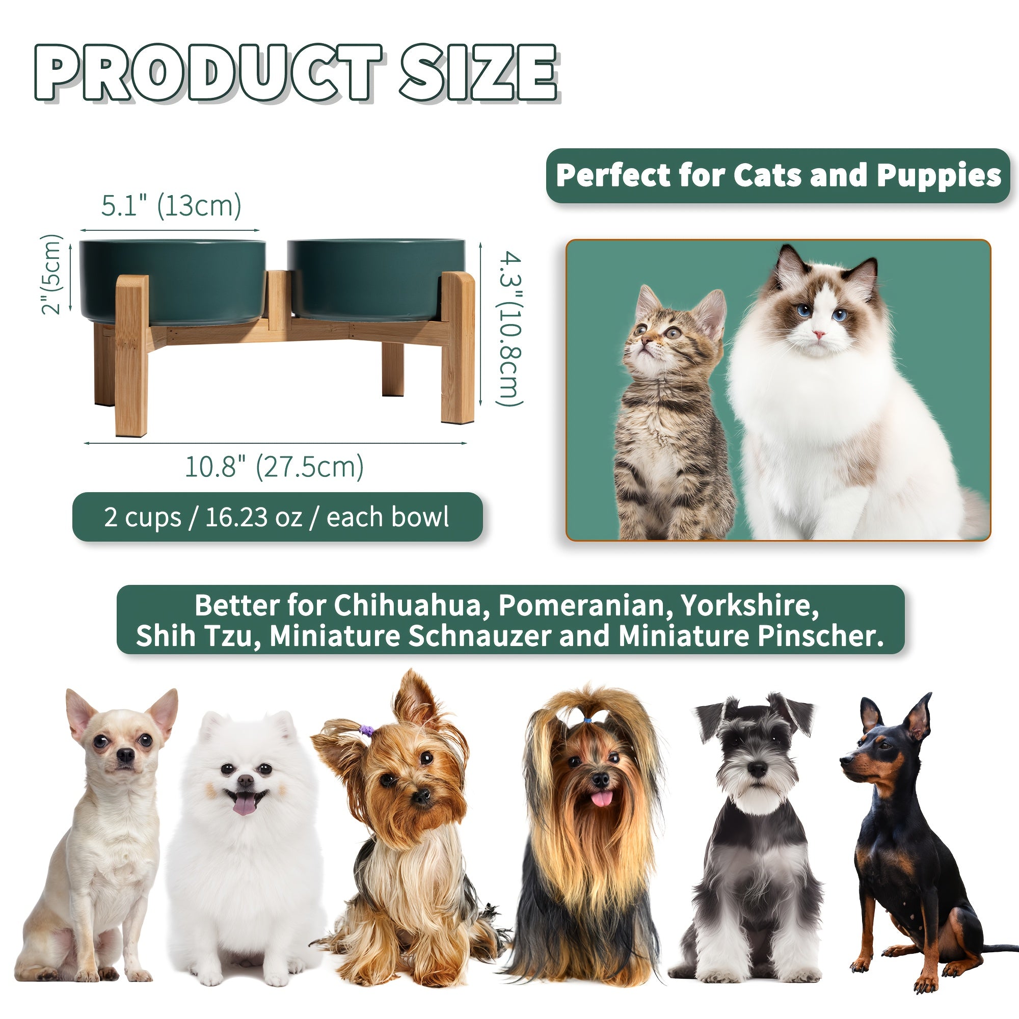 Elevated Ceramic Dog Bowl Set - Raised Feeding Bowls with Non-Slip Bamboo Stand - Double Dog Feeding Bowls