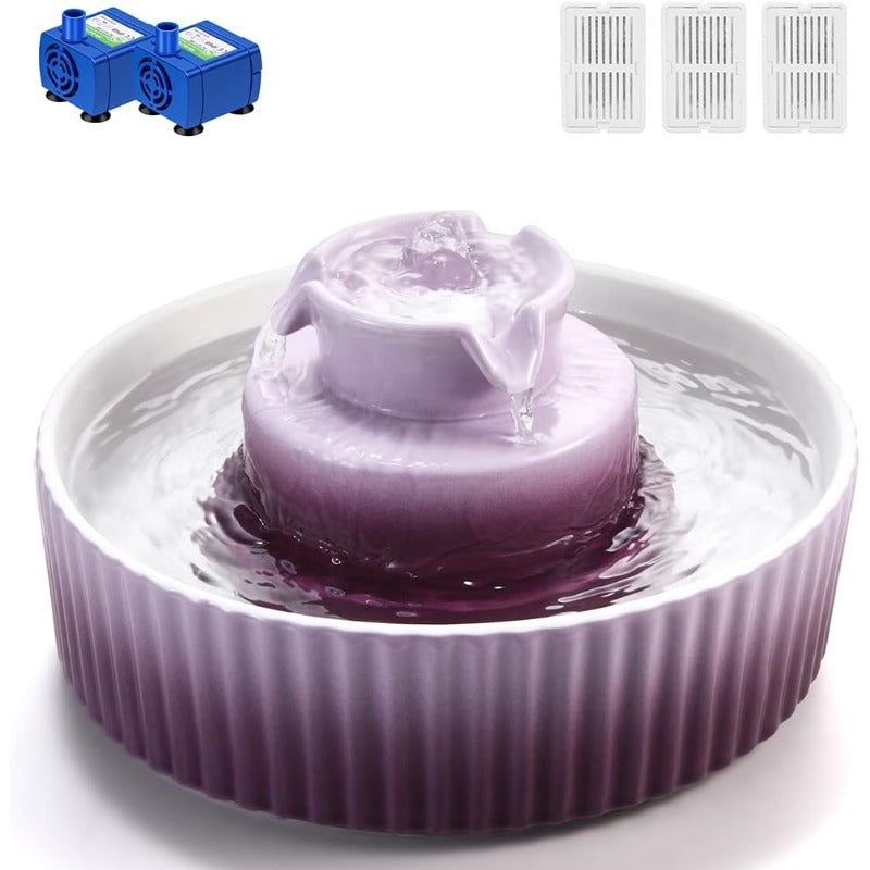 Ceramic Cat Water Fountain 2.1L\u002F71oz (Purple) - 2-in-1 Cupcake  Pet Fountain with Ultra-Quiet Submersible