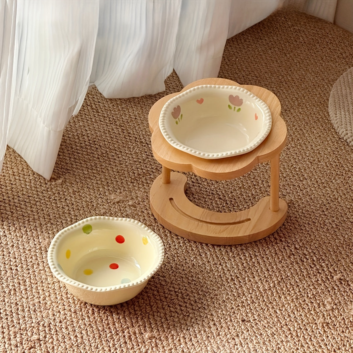 Pastel Ceramic Pet Bowl with Wooden Stand, Floral Elevated Cat  Dog Dish