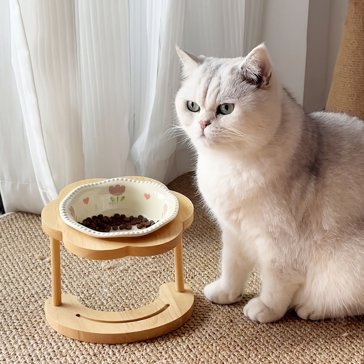 Pastel Ceramic Pet Bowl with Wooden Stand, Floral Elevated Cat  Dog Dish