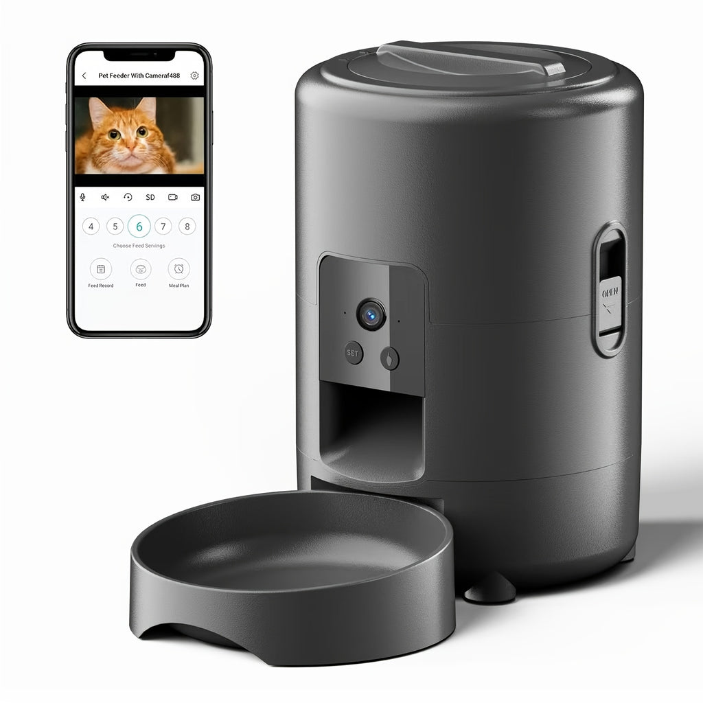 Smart Pet Feeder with a Camera, Featuring an App-Controlled Feeding System for Pets, Remote Operation