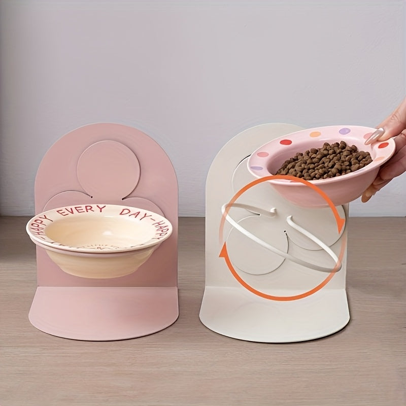 Customizable Pet Name and Blessing Ceramic Cat Bowl Set with Magnetic Iron Stand