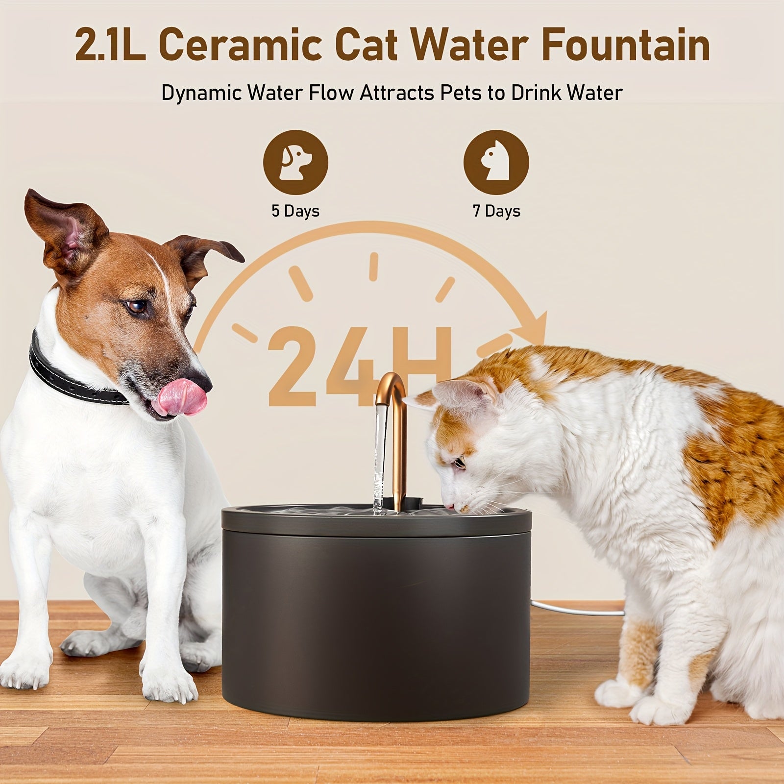 Black Ceramic Cat Water Dispenser, 2.1L + 3 Filter Cartridges + 2 Square  Filters