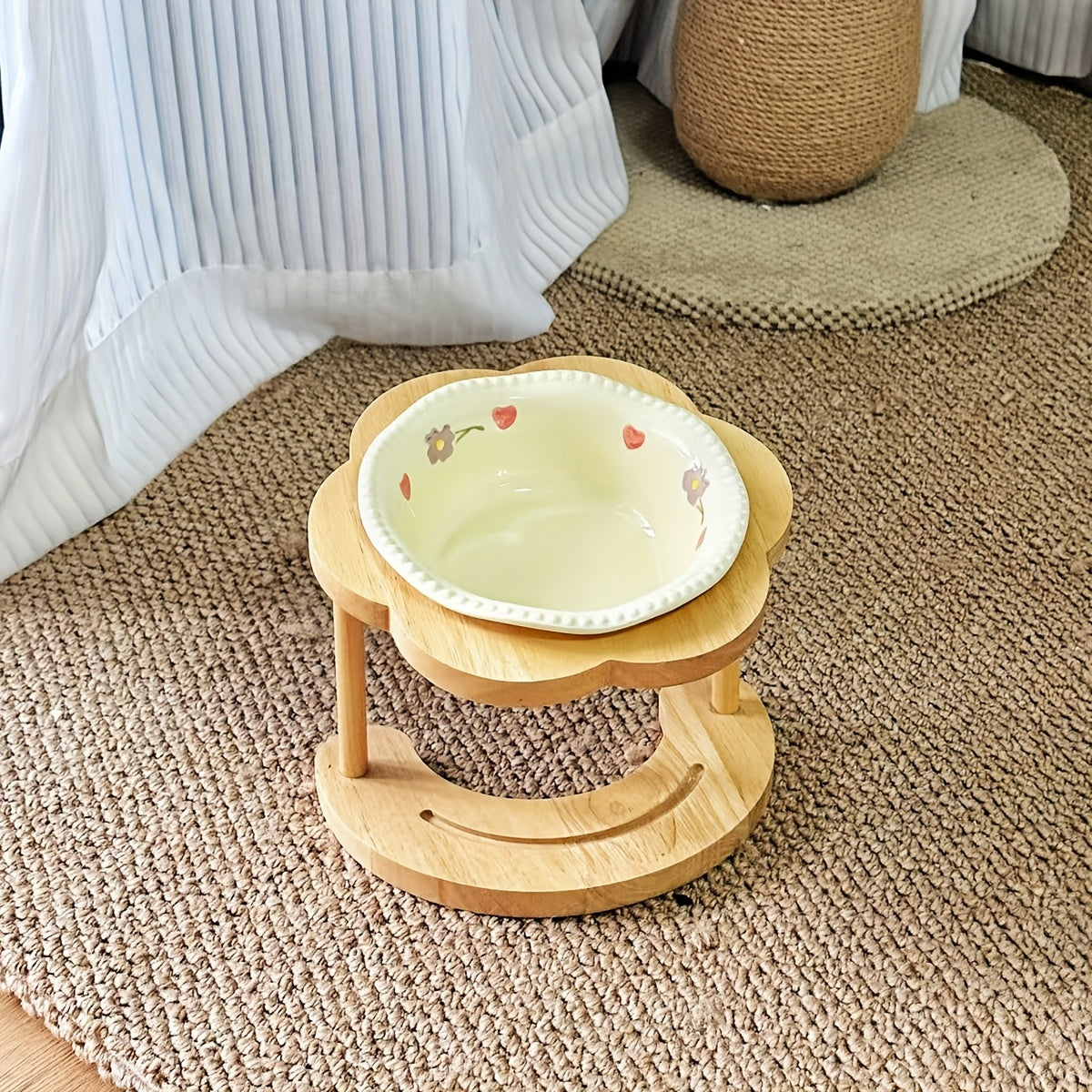 Pastel Ceramic Pet Bowl with Wooden Stand, Floral Elevated Cat  Dog Dish