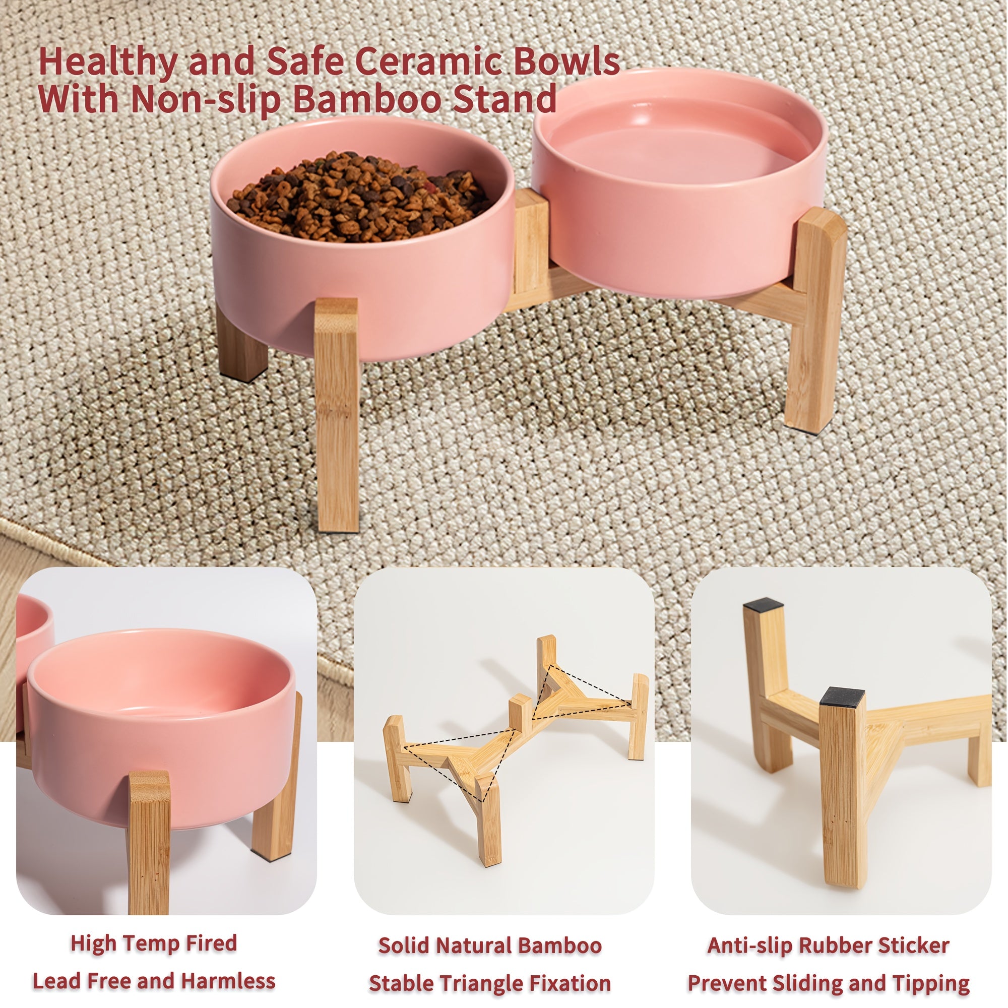 Elevated Ceramic Dog Bowl Set - Raised Feeding Bowls with Non-Slip Bamboo Stand - Double Dog Feeding Bowls