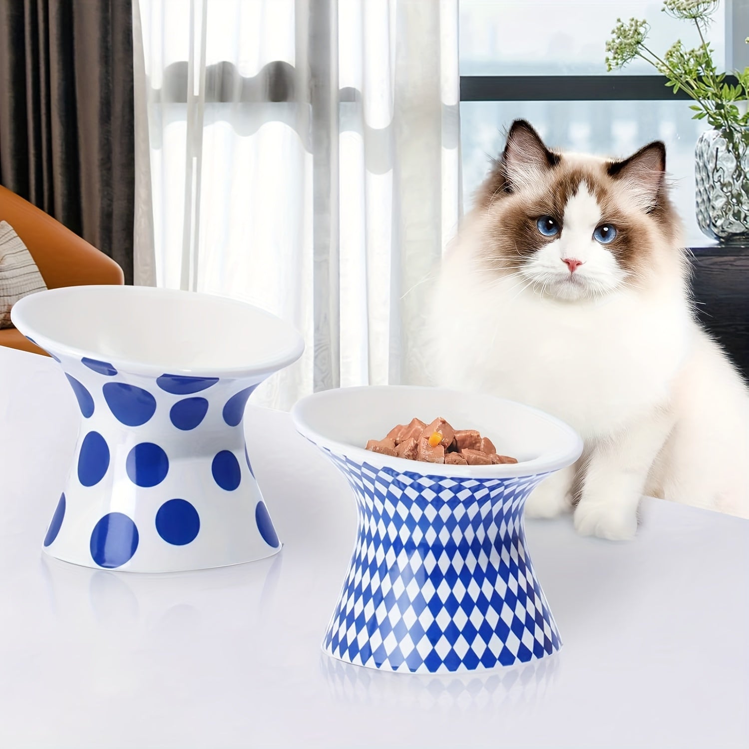 Elevated Cat Bowl, Ceramic Inclined Pet Food Bowl Water Bowl, Cat Feeder Bowl, Reduces Neck Strain