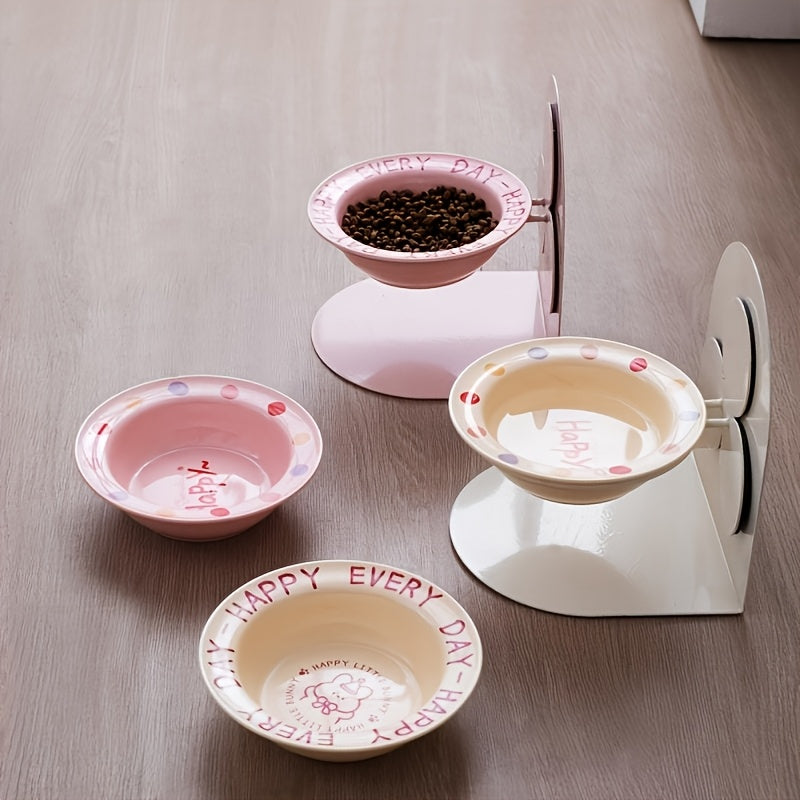 Customizable Pet Name and Blessing Ceramic Cat Bowl Set with Magnetic Iron Stand