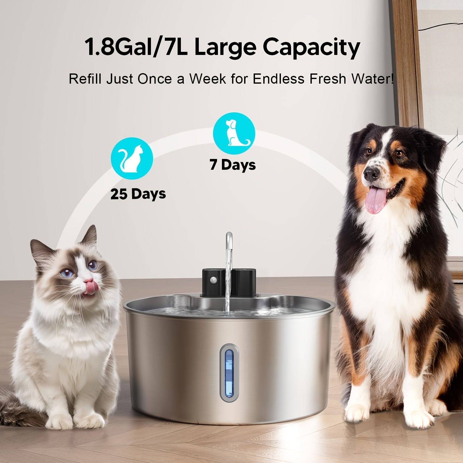1.85gal Wireless Cat Water Fountain | Battery-Powered Stainless Steel Pet Water Fountain