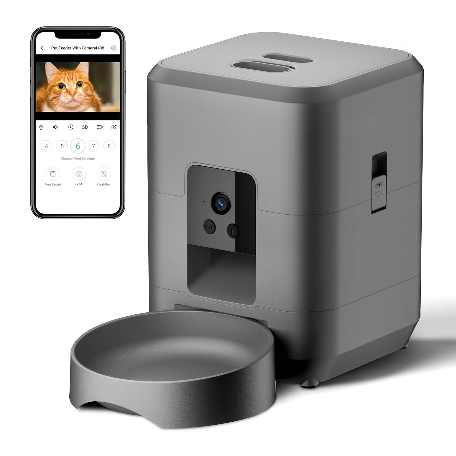 Smart Pet Feeder with a Camera, Featuring an App-Controlled Feeding System for Pets, Remote Operation