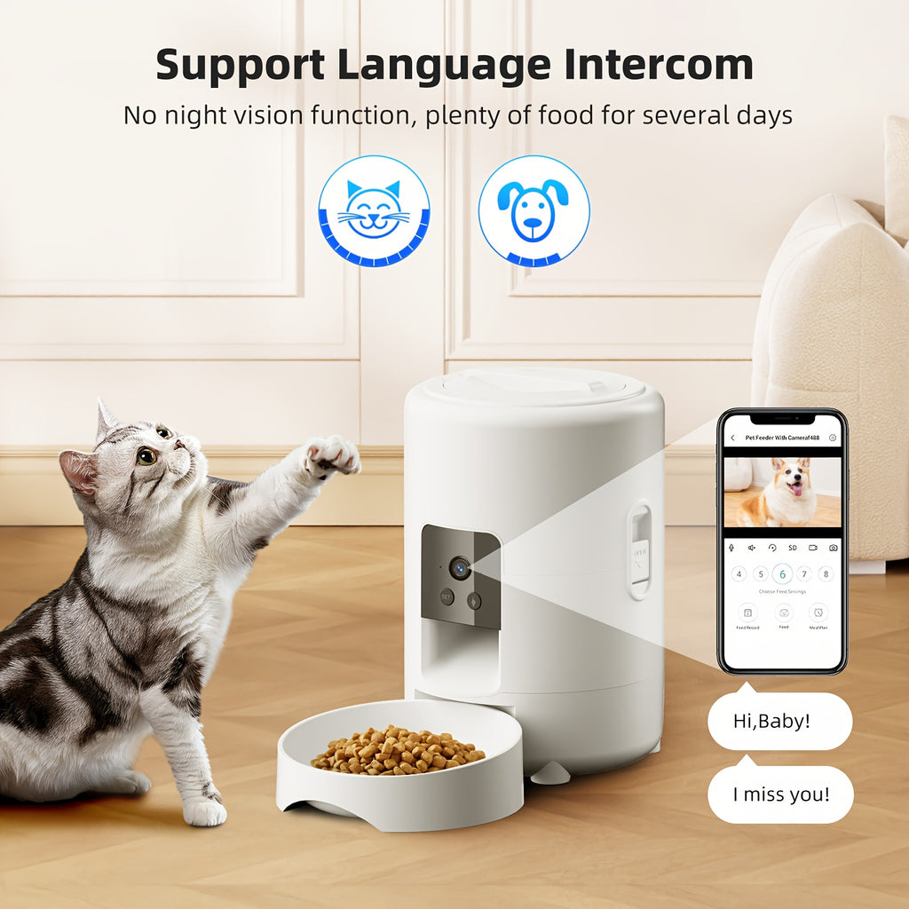 Smart Pet Feeder with a Camera, Featuring an App-Controlled Feeding System for Pets, Remote Operation