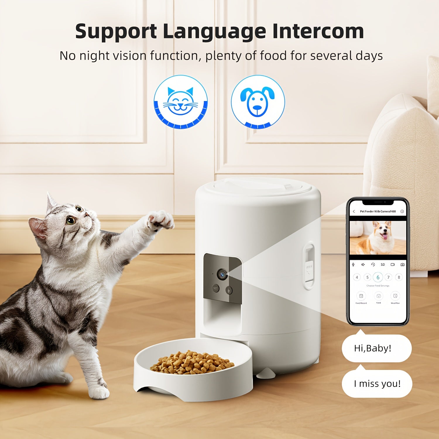 Smart Pet Feeder with a Camera, Featuring an App-Controlled Feeding System for Pets, Remote Operation