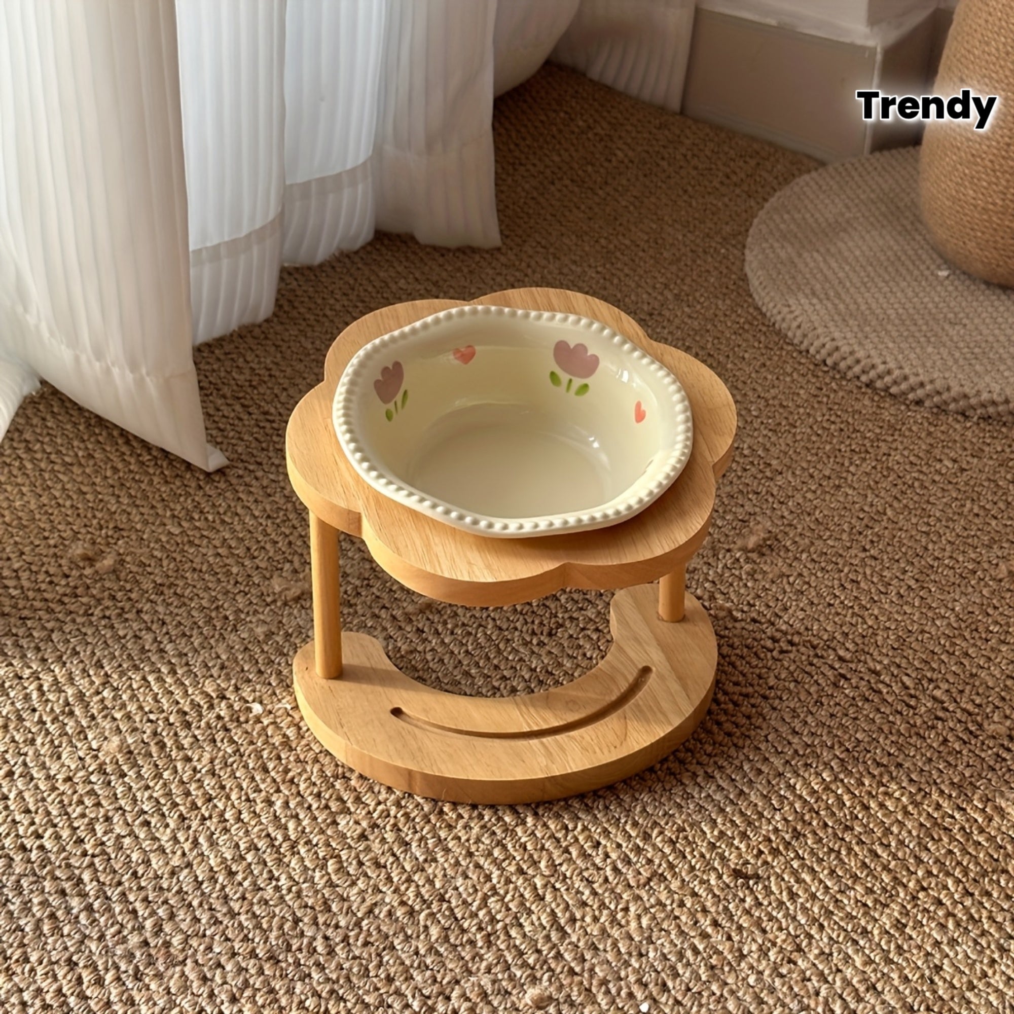 Pastel Ceramic Pet Bowl with Wooden Stand, Floral Elevated Cat  Dog Dish