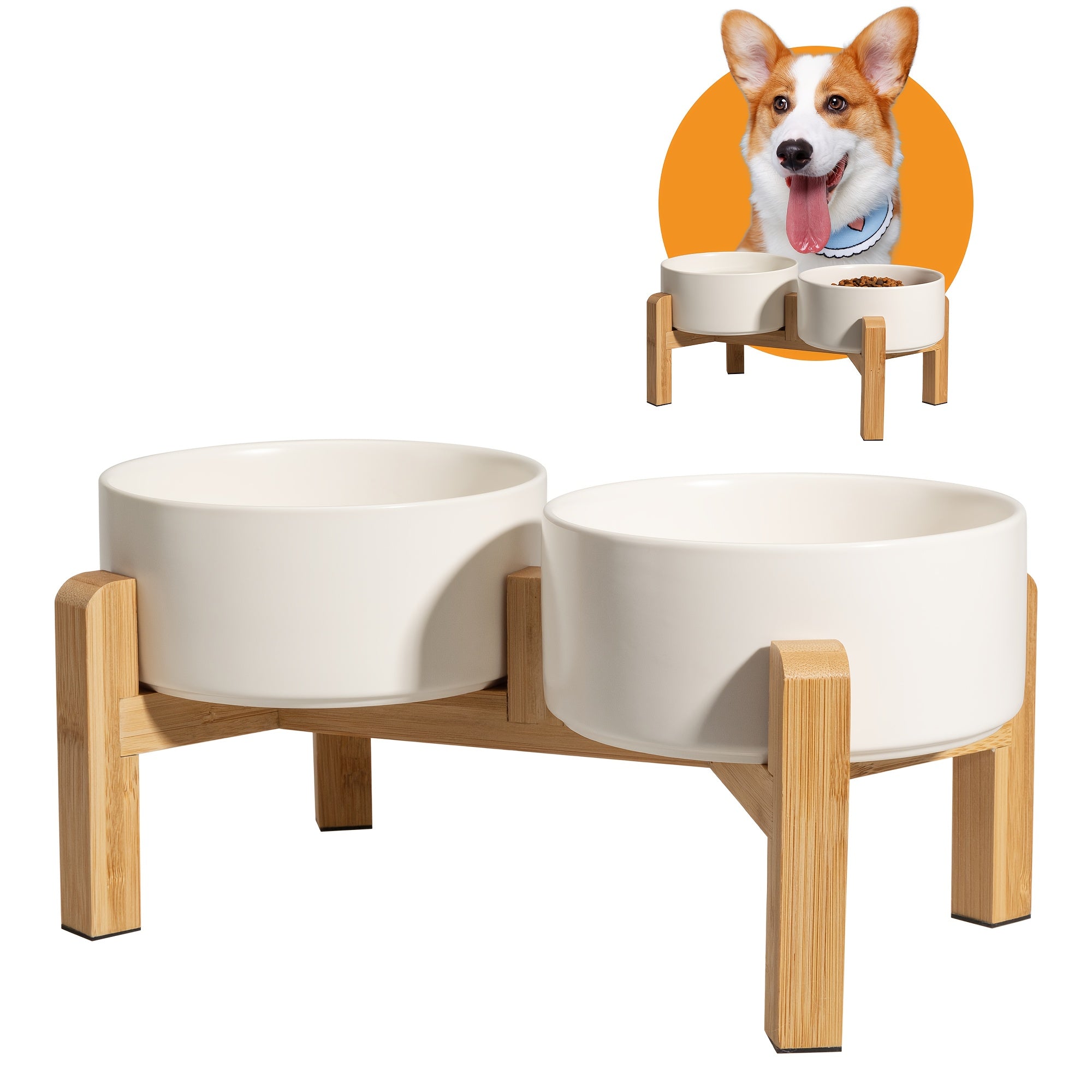 Elevated Ceramic Dog Bowl Set - Raised Feeding Bowls with Non-Slip Bamboo Stand - Double Dog Feeding Bowls