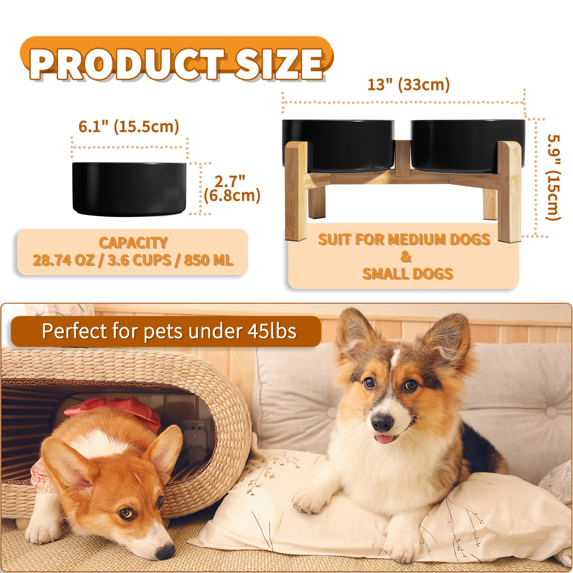 Elevated Ceramic Dog Bowl Set - Raised Feeding Bowls with Non-Slip Bamboo Stand - Double Dog Feeding Bowls