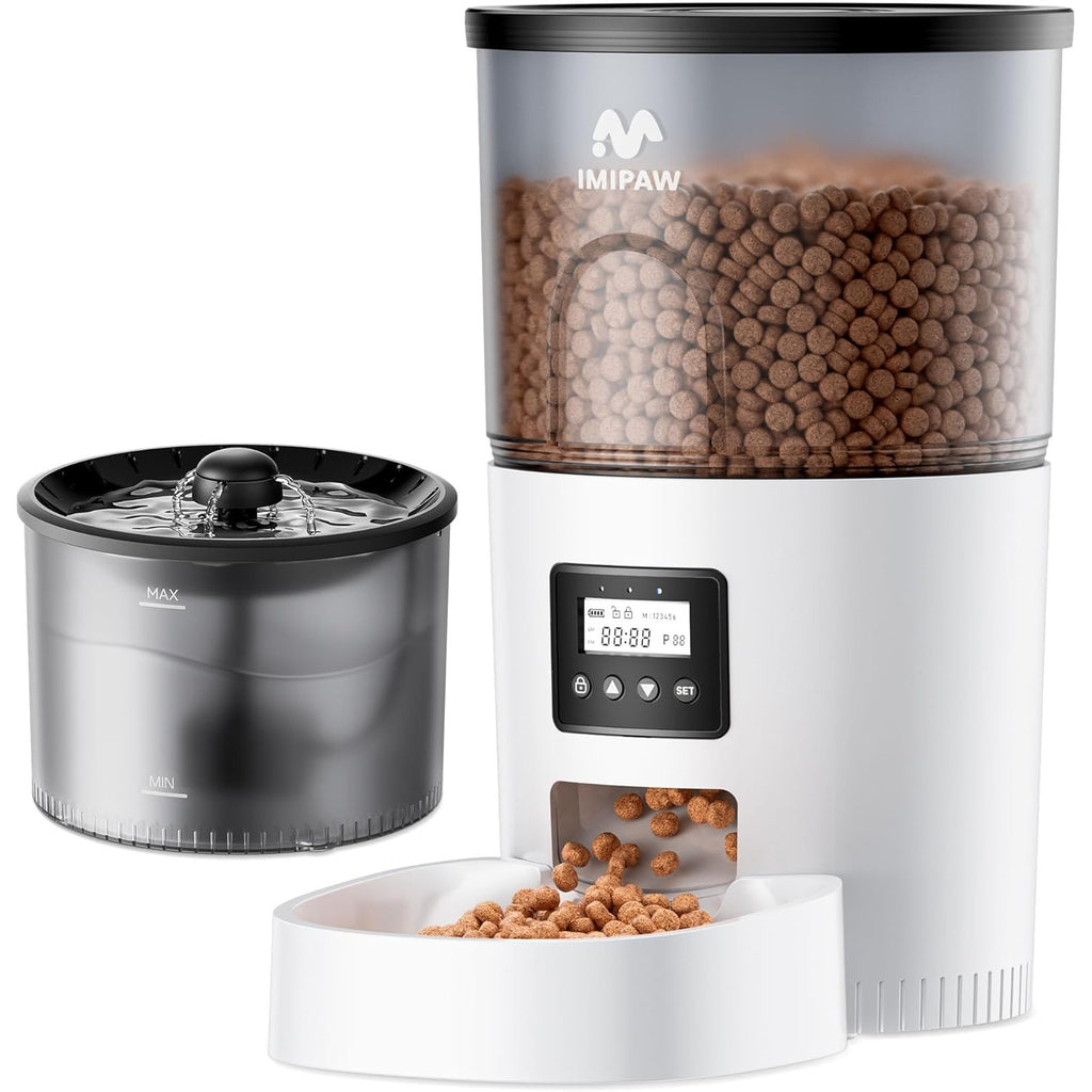 Automatic Cat Feeder and Water Fountain, Timed Pet Dry Food Dispenser, Programmable Portion Control