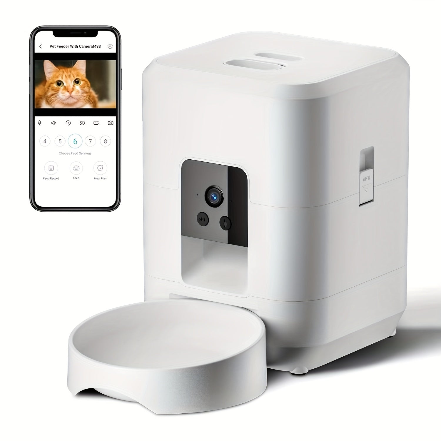 Smart Pet Feeder with a Camera, Featuring an App-Controlled Feeding System for Pets, Remote Operation