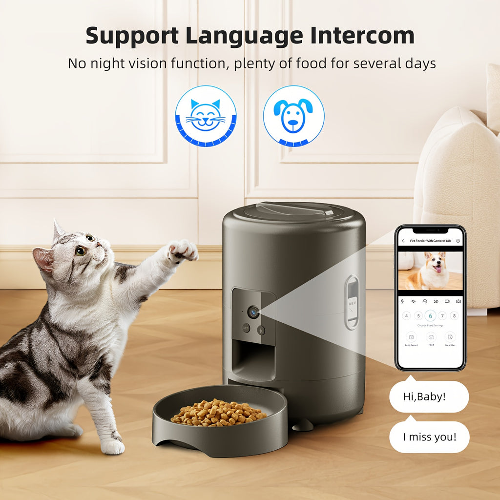 Smart Pet Feeder with a Camera, Featuring an App-Controlled Feeding System for Pets, Remote Operation