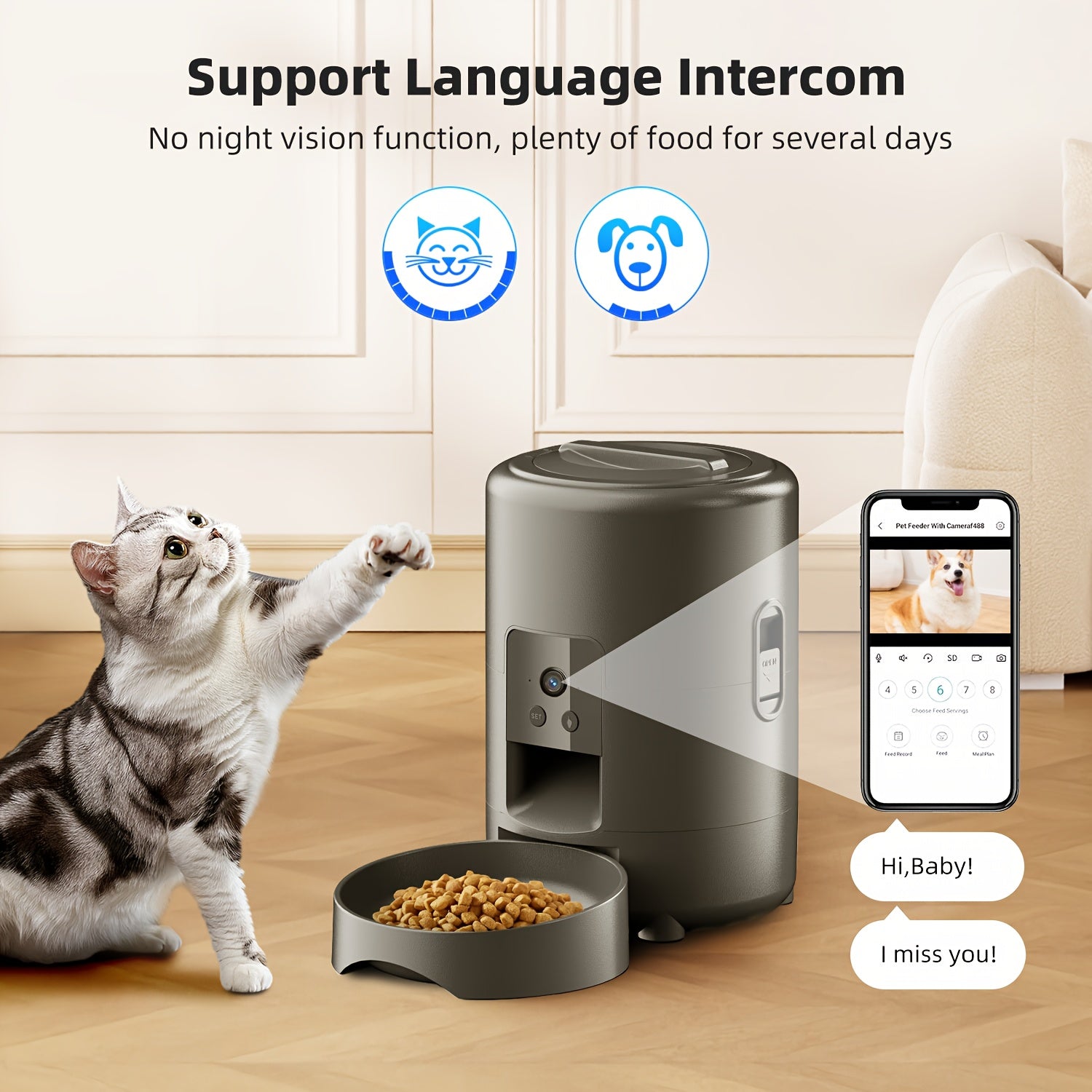 Smart Pet Feeder with a Camera, Featuring an App-Controlled Feeding System for Pets, Remote Operation