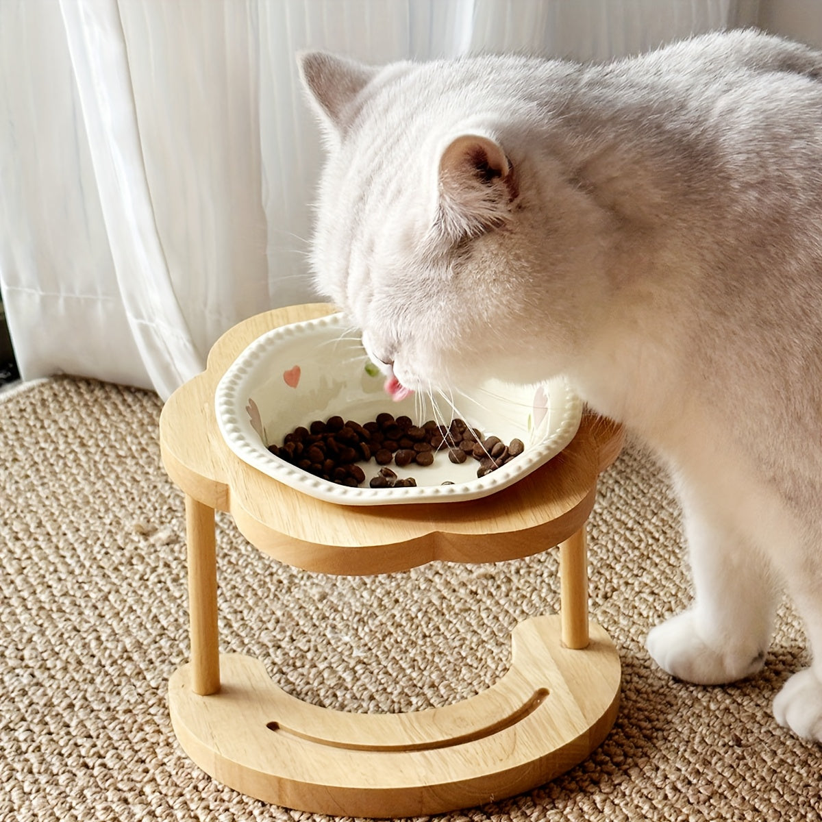 Pastel Ceramic Pet Bowl with Wooden Stand, Floral Elevated Cat  Dog Dish