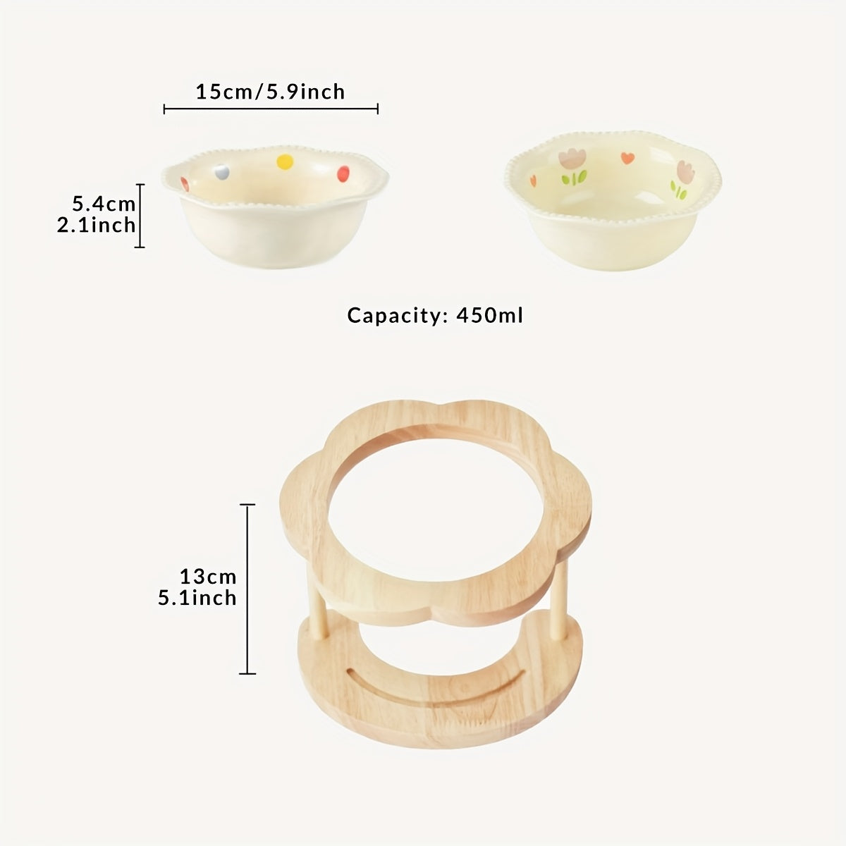 Pastel Ceramic Pet Bowl with Wooden Stand, Floral Elevated Cat  Dog Dish