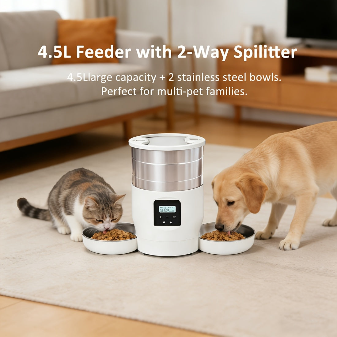 4.5L Stainless Steel Double Pet Automatic Feeder • Large Capacity, Multi-Pet Suitable • USB Powered