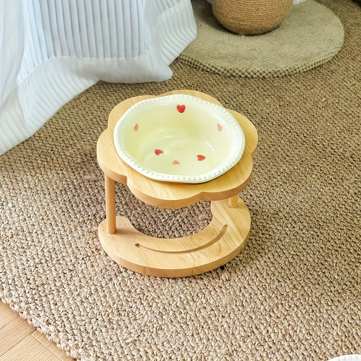 Pastel Ceramic Pet Bowl with Wooden Stand, Floral Elevated Cat  Dog Dish